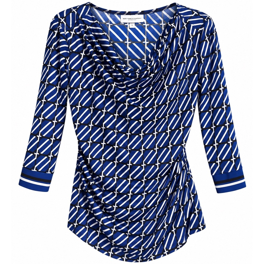 New York & Company Geometric Ruched Drape Neck Top Medium Blue Career Stretch